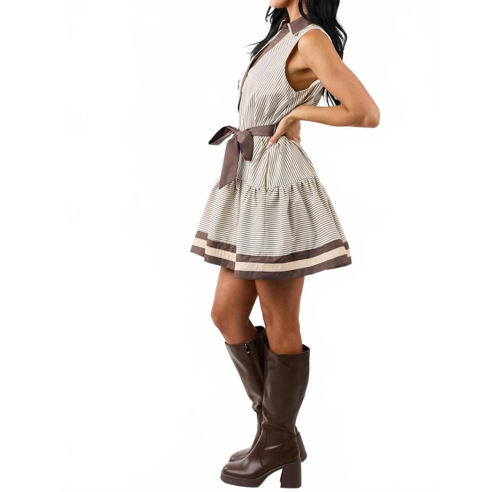 NEW ENTRO striped collard v neck button down dress with tie belt in mocha and cr - Picture 4 of 6